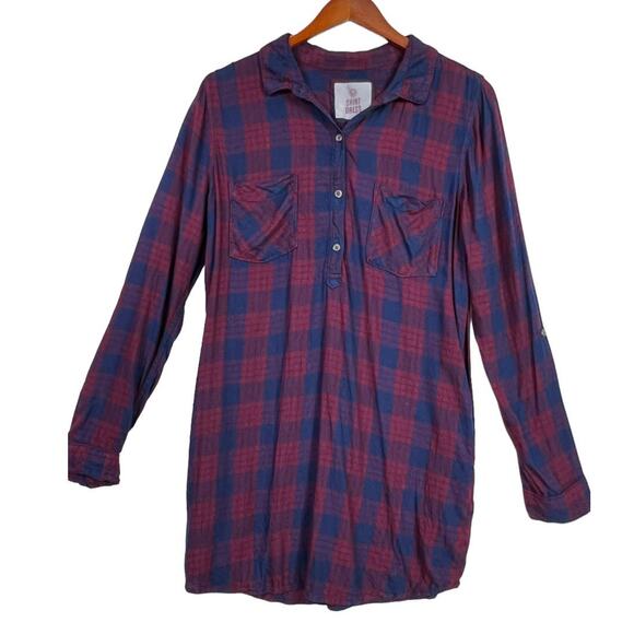 SO Long Sleeve Roll Tab Shirt Dress Pockets Size XL Red Blue Plaid - Picture 1 of 12